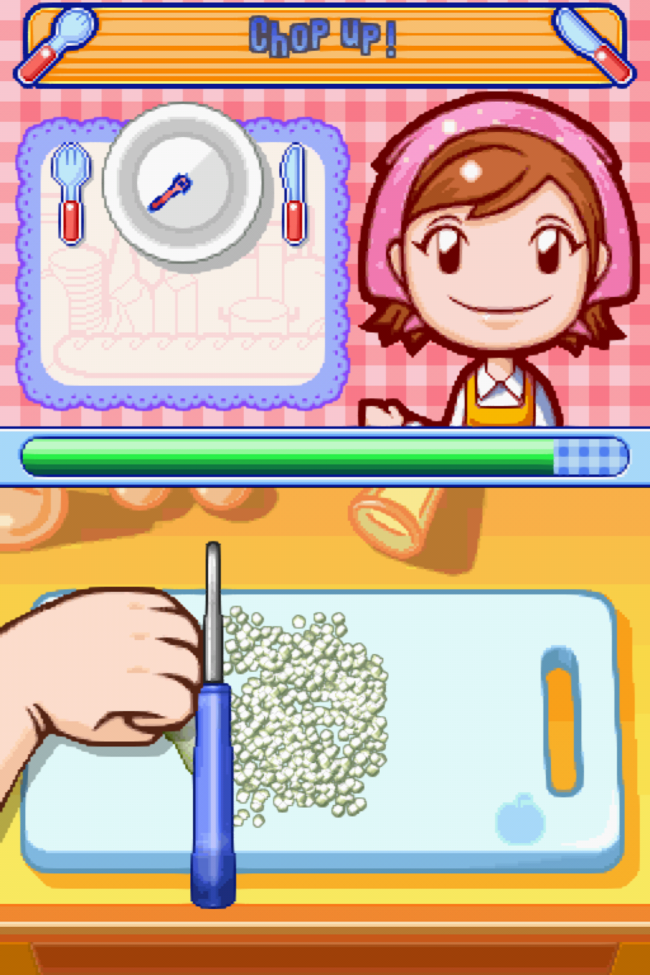 The player chops onions on a cutting board.