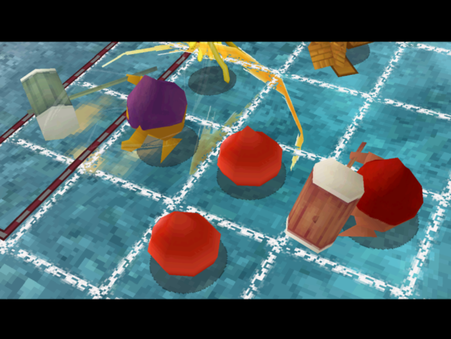 A hooded hammer strikes against a red slime.
