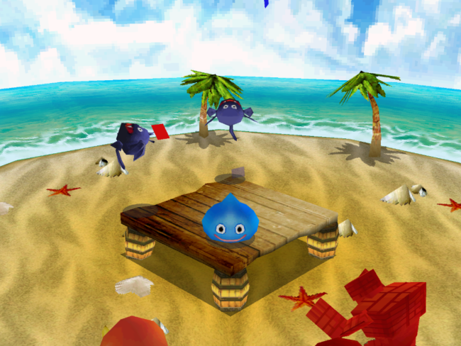 The victory screen with various monsters dancing atop a podium.