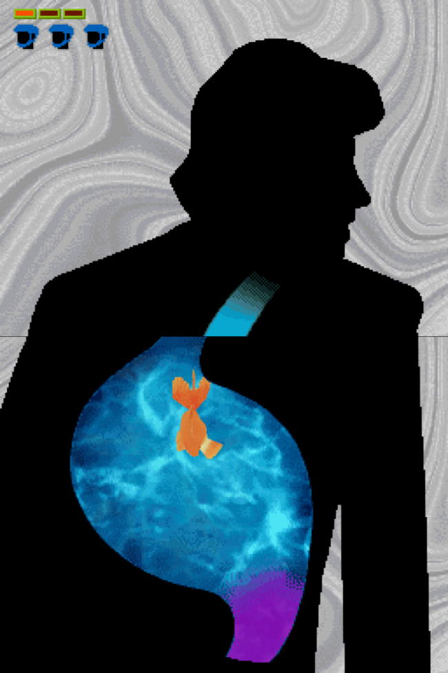 A mini-game where the player must push several goldfish out of a man's stomach.