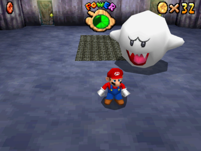Mario looks away from an approaching Giant Boo in the Haunted House stage.
