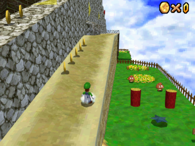 Luigi goes after some coins in Thwomp's Fortress.