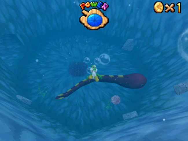 Yoshi swims deep into the ravine toward a giant eel.