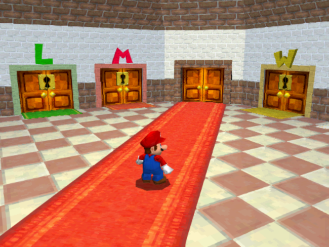 Mario standing in the room where you change characters in the castle.