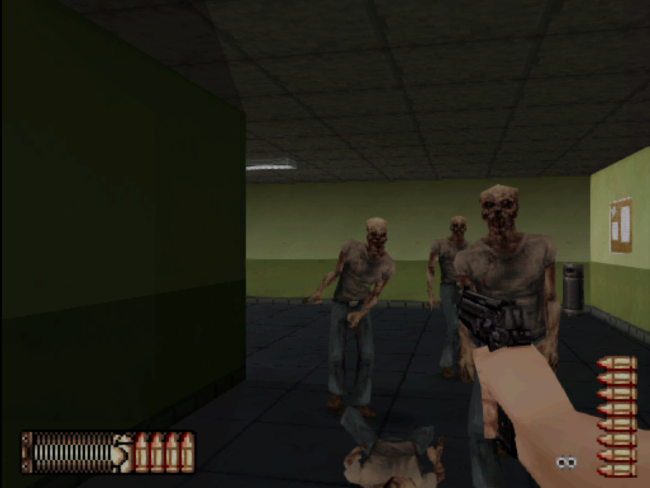 An action scene in the prison with two approaching zombies.