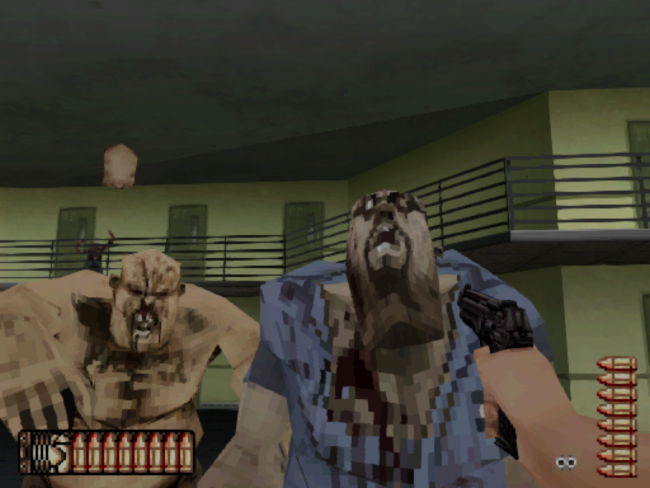 A close up view of a pixelated zombie.