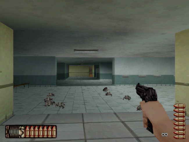 Zombie rats approach the player inside a hospital area.