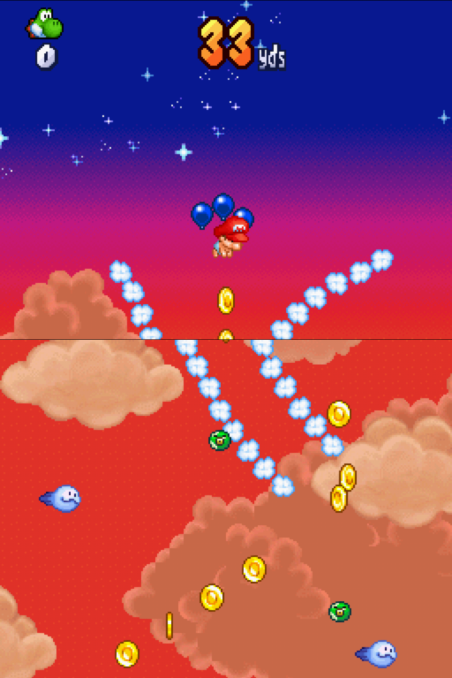 Baby Mario falls from the sky in between two columns of clouds.