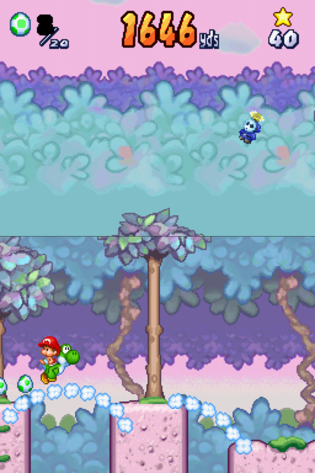 Baby Mario rides on Yoshi's back as the two navigate a brightly colored forest.