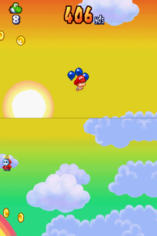 Baby Mario falls with an orange, yellow, and green sunset in the background.