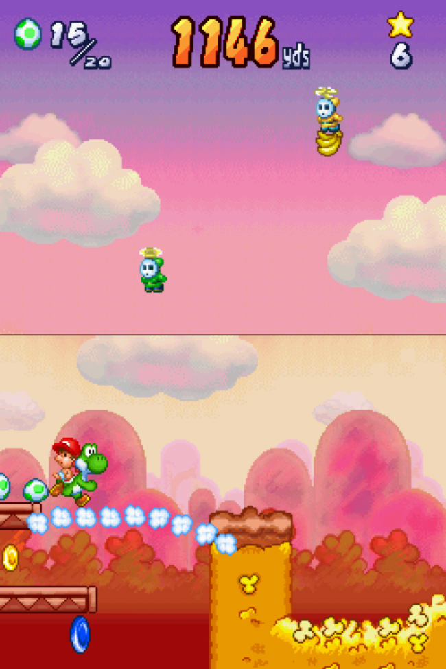 Yoshi crosses a gap by walking across a line of clouds drawn by the player.
