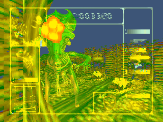 Predator battles the alien queen aboard the ship.