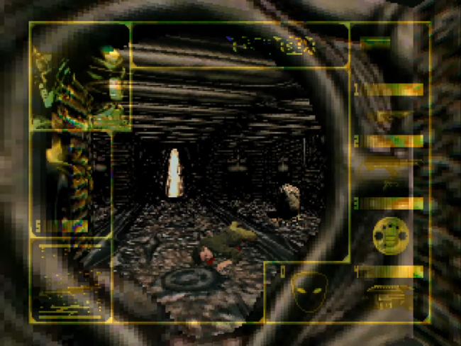 Predator looks into a room full of fallen enemies' bodies.
