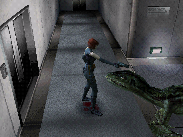 Regina battles against a Velociraptor in a narrow hallway.