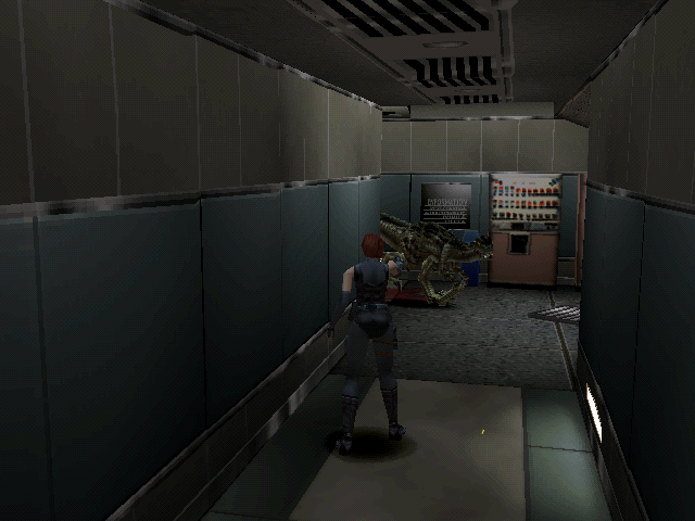 A raptor walks from around a corner to target the player.