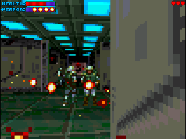 Multiple enemies fire at the player from a corridor.