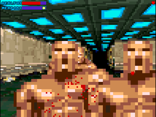 A close up of two pixelated men approaching the player.