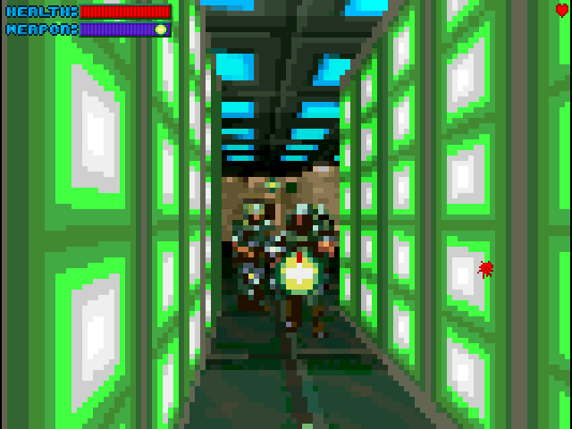 The player walks through a passageway lit with green lights.