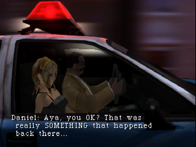 Aya and her partner riding in a police car during a story sequence.