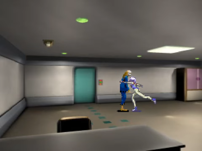 A purple haired anime character launches a kick against a zombie.