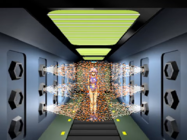 One of the main characters stops in front of a stage hazard shooting orange liquid from both sides.