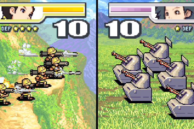 An infantry unit attacks an anti-air squad from atop the mountains.