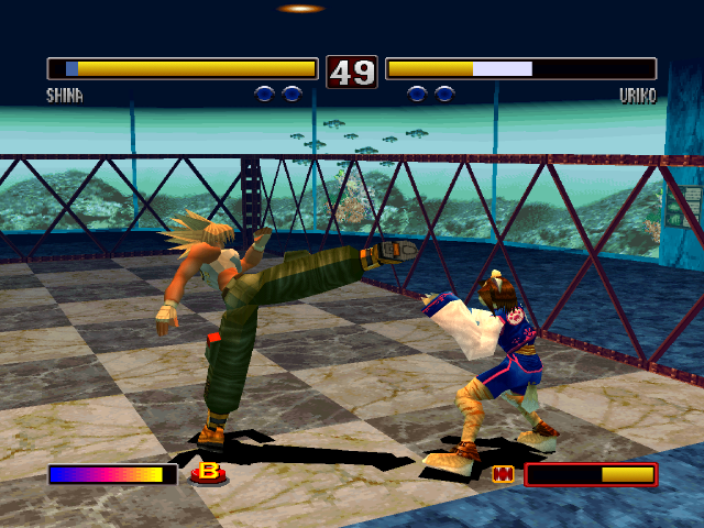 Shina and Uriko fight with an aquarium in the background.