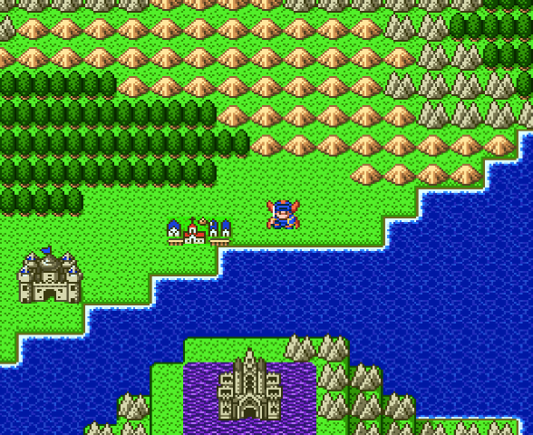 Main character in Dragon Quest I stands near the starting village overlooking Dragonlord's castle.