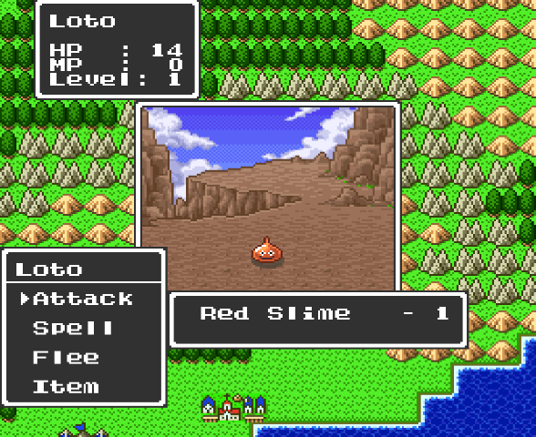 A battle against a red slime in the original Dragon Quest story.