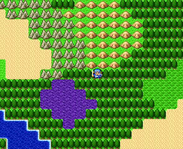 Exploring the world map near a swamp in Dragon Quest II.