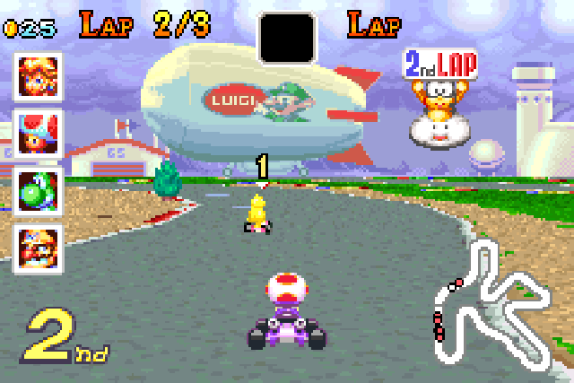 Toad racing on Luigi's Circuit against AI controlled opponents.