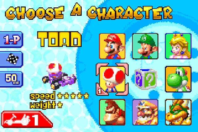 The character select screen in Mario Kart: Super Circuit.