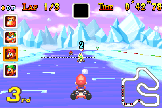 Mario competes in the single player mode on an ice stage.