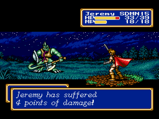 The main character takes damage during a night time battle.