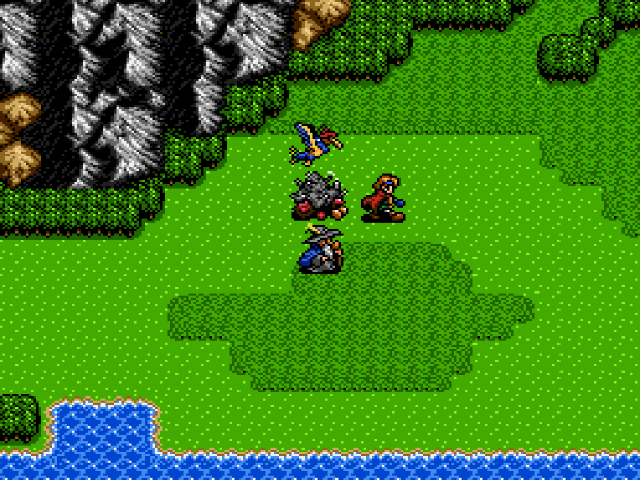 The Shining Force explore the world map with their caravan in tow.