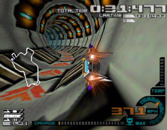 The player's futuristic aeromachine flies sideways through a tunnel.