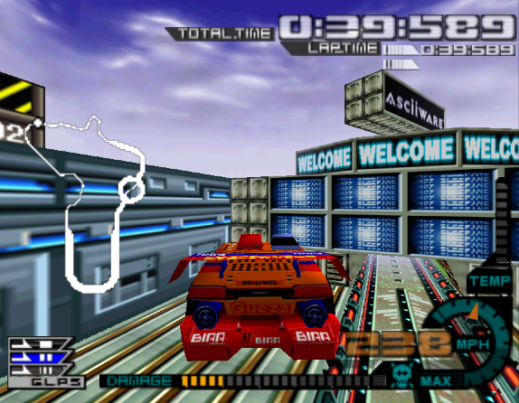 A track set within a technologically advanced city.