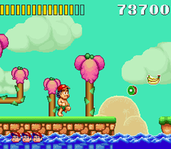 Pink trees in the background in a later stage of Super Adventure Island.