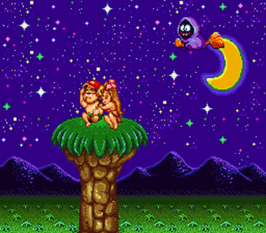 Master Higgins and his girlfriend Tina sit atop a tree during the night while a witch doctor approaches on a broom.