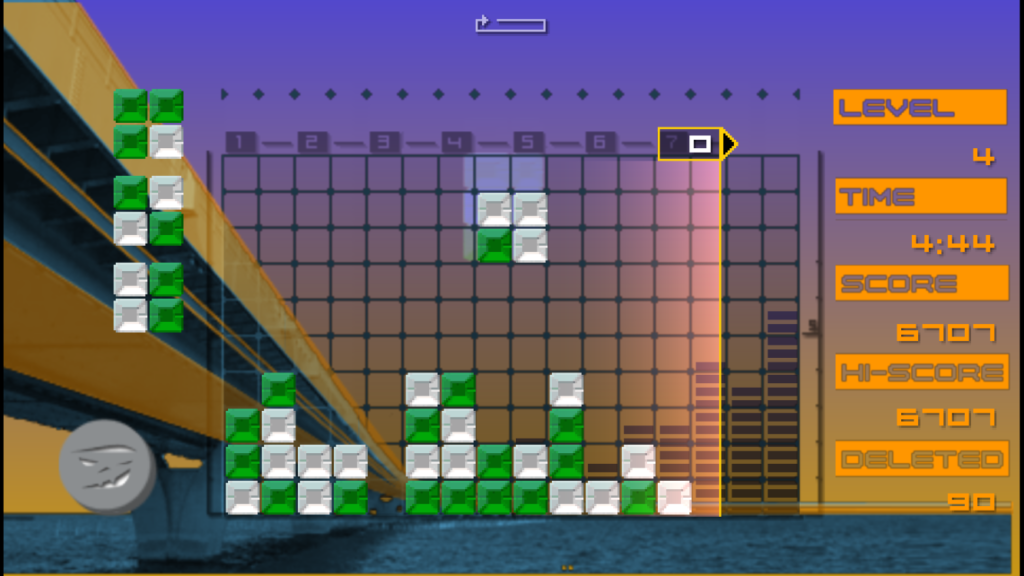 Green and white blocks fall in skin mode.