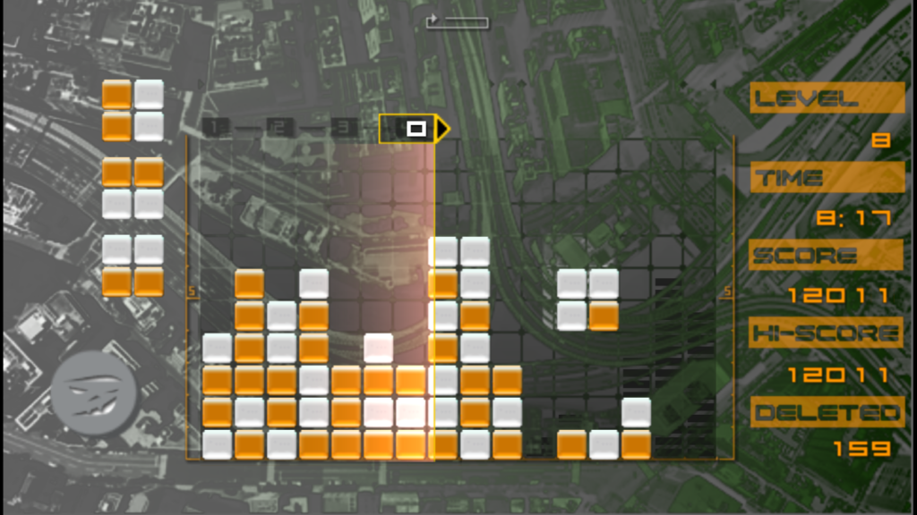 Solid orange and white blocks in a unique skin with a moving background.