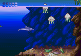 Ecco the Dolphin approaches a group of jellyfish underwater.
