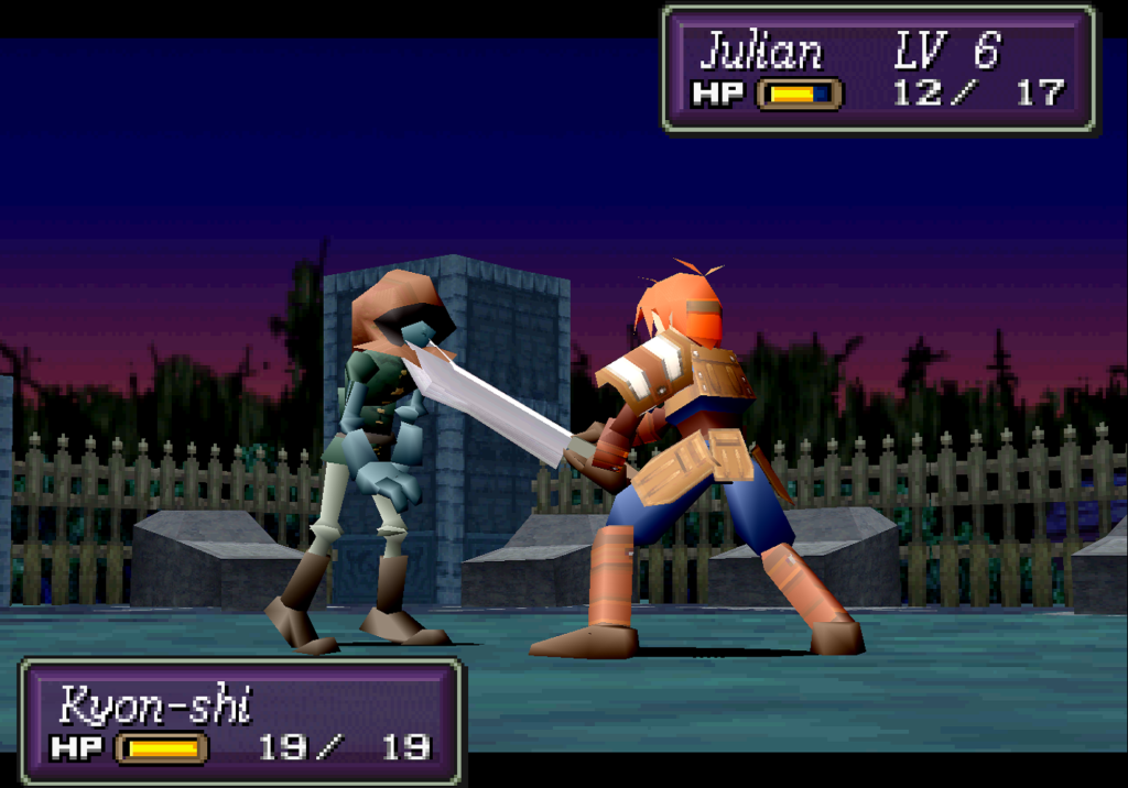The character Julian engages and enemy in battle.