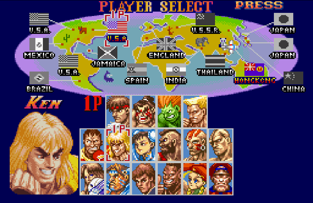 The character select screen in Super Street Fighter II: The New Challengers.