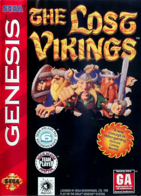 Front cover for The Lost Vikings on the Sega Genesis.