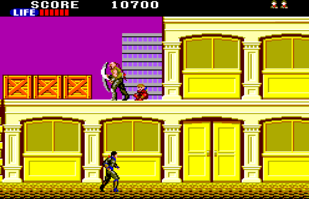 A scene from the first level of Shinobi.