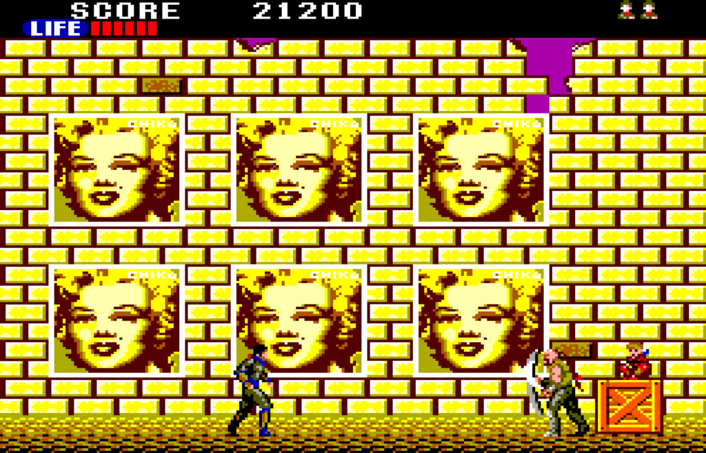 Joe Musashi battle san enemy with pictures of Marylin Monroe in the background.
