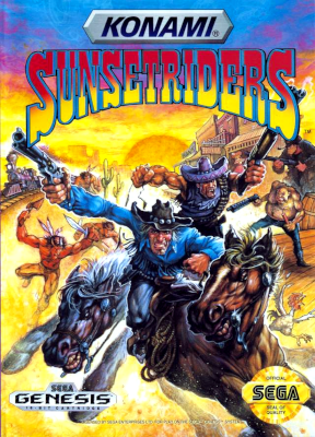 Front cover for Sunset Riders for the Sega Genesis.