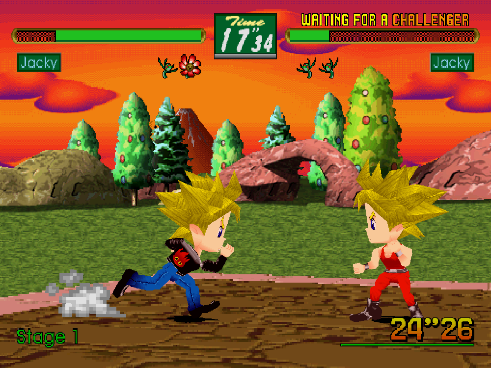 Jackie faces off against a palette swapped version of himself with a sun setting in the background.