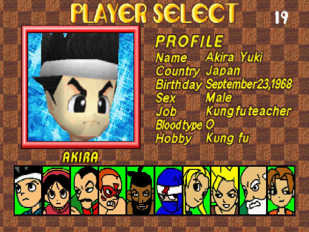 The character select screen in Virtua Fighter Kids.